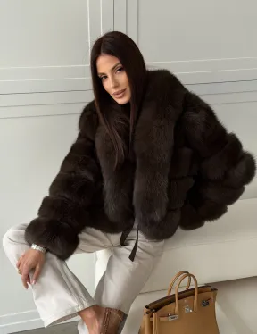 Полушубок-кроп из песца с шалевым воротником