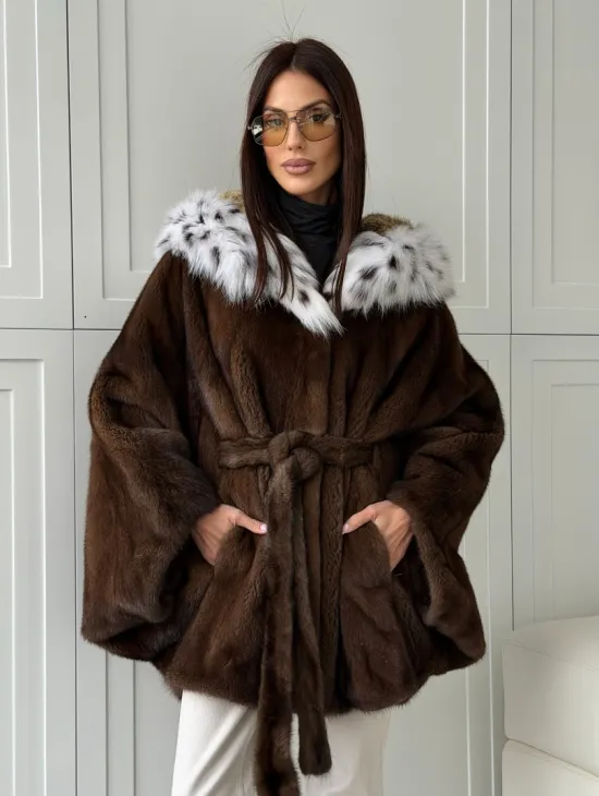 Норковая шуба с капюшоном по рысь