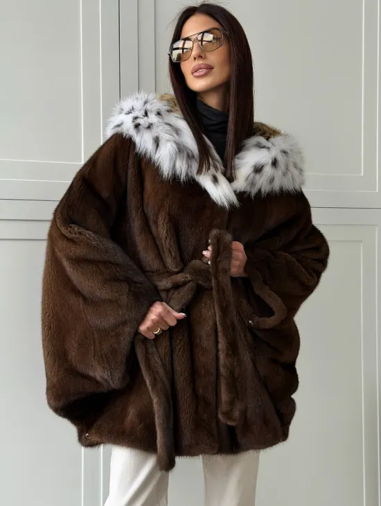 Норковая шуба с капюшоном по рысь