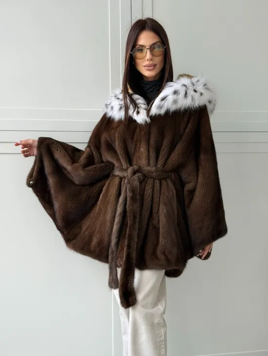 Норковая шуба с капюшоном по рысь
