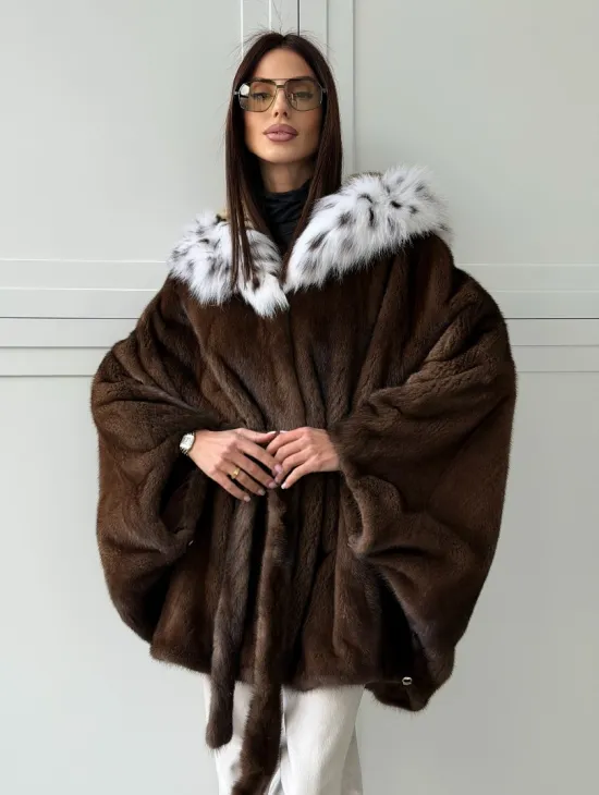 Норковая шуба с капюшоном по рысь
