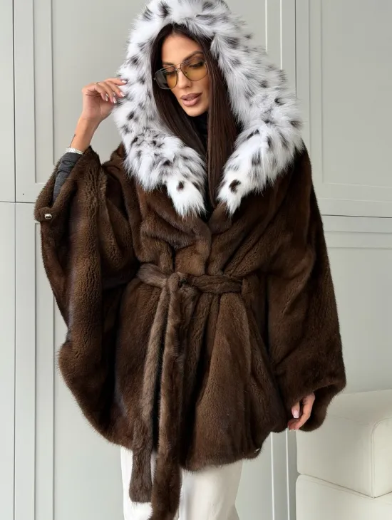 Норковая шуба с капюшоном по рысь