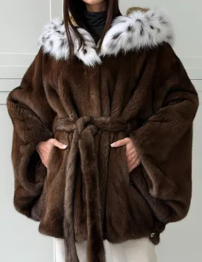 Норковая шуба с капюшоном по рысь