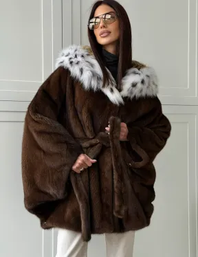 Норковая шуба с капюшоном по рысь
