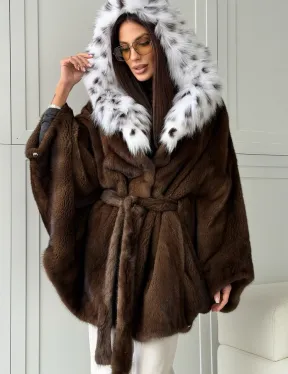 Норковая шуба с капюшоном по рысь