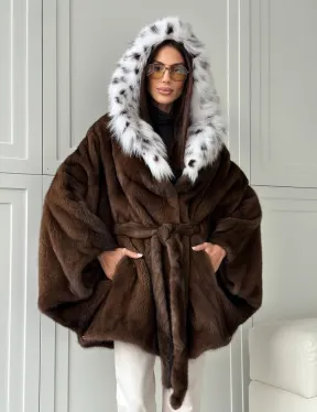 Норковая шуба с капюшоном по рысь