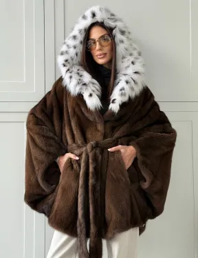 Норковая шуба с капюшоном по рысь