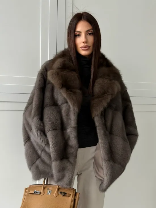 Шуба норковая автоледи - воротник куница (серый)