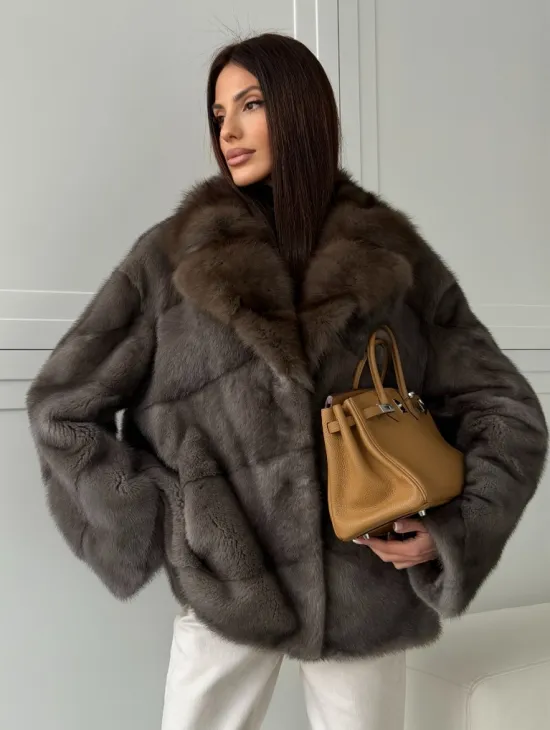 Шуба норковая автоледи - воротник куница (серый)