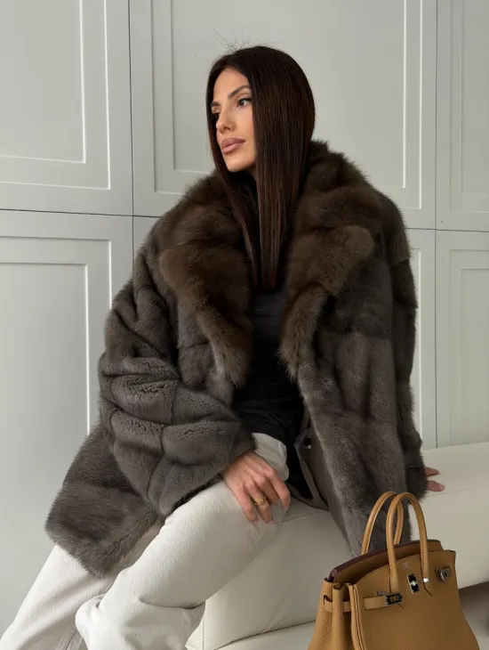 Шуба норковая автоледи - воротник куница (серый)
