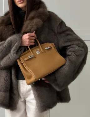 Шуба норковая автоледи - воротник куница (серый)