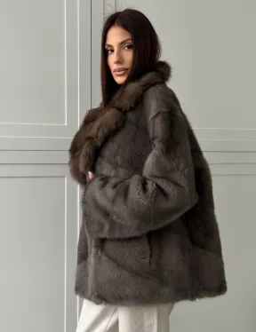 Шуба норковая автоледи - воротник куница (серый)