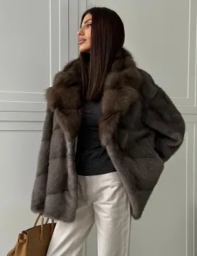 Шуба норковая автоледи - воротник куница (серый)