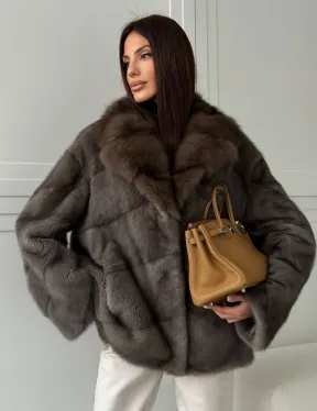 Шуба норковая автоледи - воротник куница (серый)