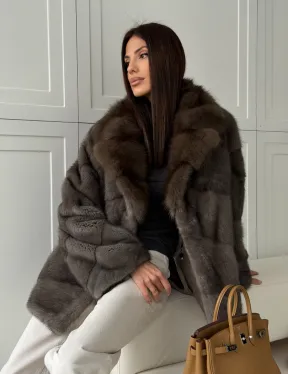 Шуба норковая автоледи - воротник куница (серый)