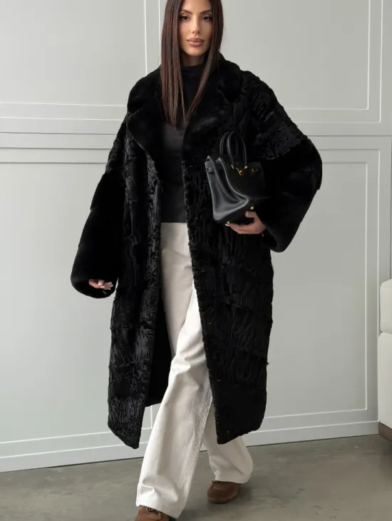 Черная шуба из каракуля с норкой