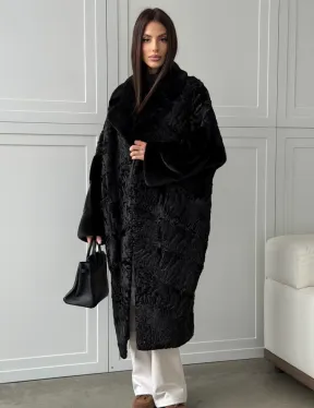 Черная шуба из каракуля с норкой