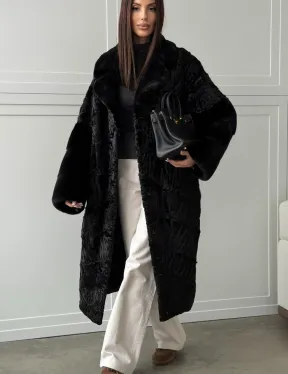 Черная шуба из каракуля с норкой