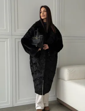 Черная шуба из каракуля с норкой
