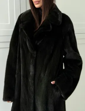Темная норковая шуба в росшив - английский воротник 