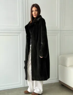 Темная норковая шуба в росшив - английский воротник 