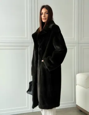 Темная норковая шуба в росшив - английский воротник 