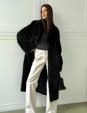 Темная норковая шуба в росшив - английский воротник 