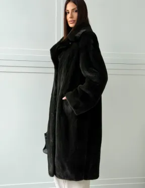 Темная норковая шуба в росшив - английский воротник 