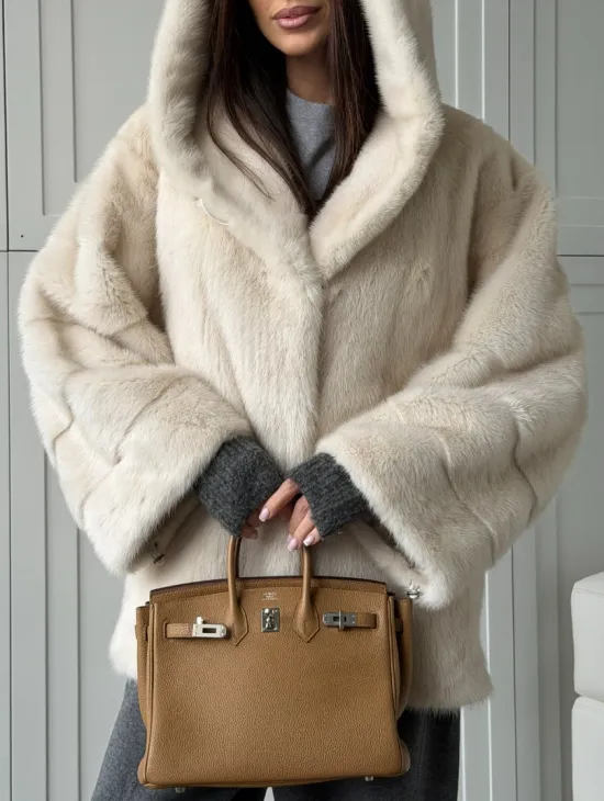 Норковый полушубок с капюшоном кобра