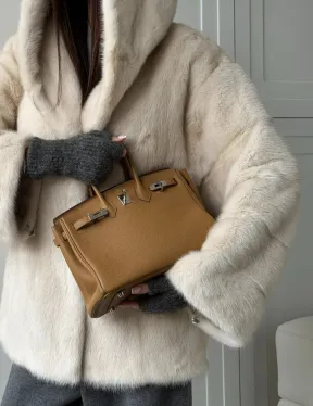 Норковый полушубок с капюшоном кобра