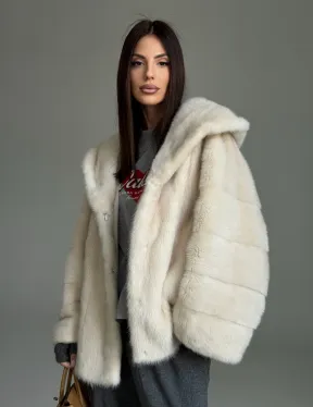 Норковый полушубок с капюшоном кобра