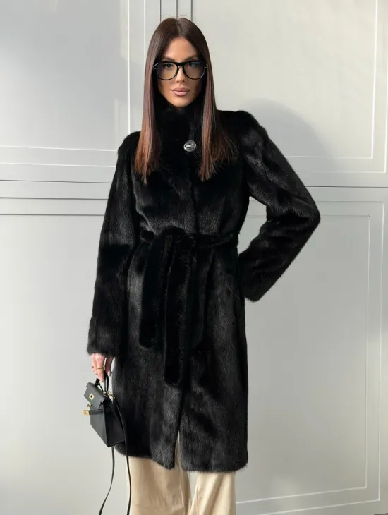 Черная норковая шуба - воротник стойка