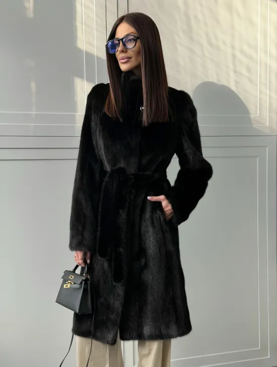 Черная норковая шуба - воротник стойка