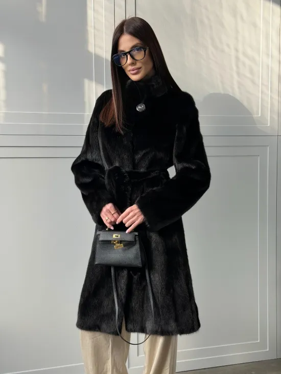 Черная норковая шуба - воротник стойка