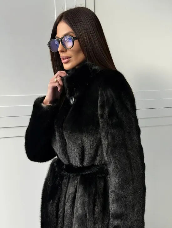 Черная норковая шуба - воротник стойка
