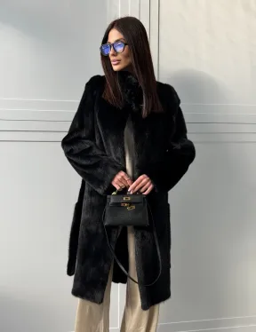 Черная норковая шуба - воротник стойка