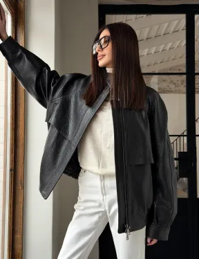 Черная весенняя куртка из кожи Joombo