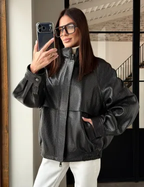 Черная весенняя куртка из кожи Joombo