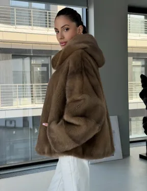 Женский норковый полушубок с капюшоном - фото 8