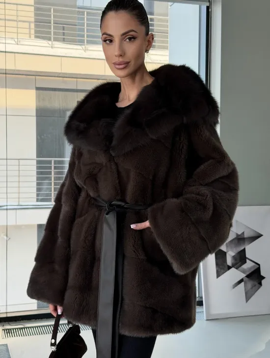 Норковая шуба кимоно с капюшоном куница - фото 6