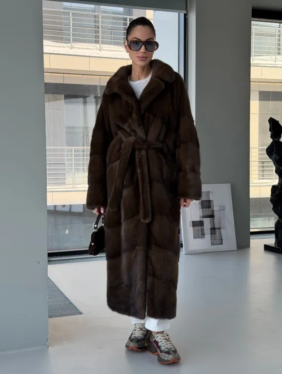 Коричневая норковая шуба - кимоно - фото 13
