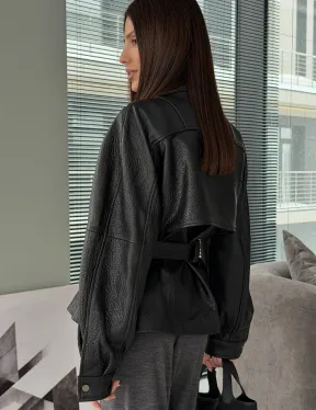 Куртка кожаная женская с поясом, винтажная - фото 5