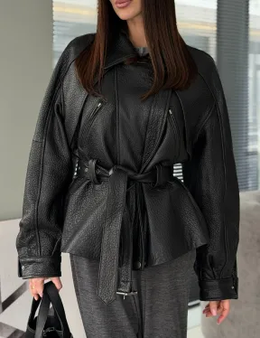 Куртка кожаная женская с поясом, винтажная - фото 3