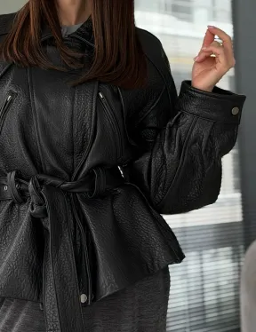 Куртка кожаная женская с поясом, винтажная - фото 2