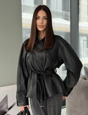 Куртка кожаная женская с поясом, винтажная - фото 0