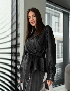 Куртка кожаная женская с поясом, винтажная - фото 13