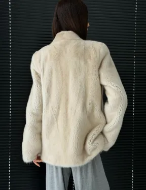 Светлый норковый жакет V-образный воротник - фото 6