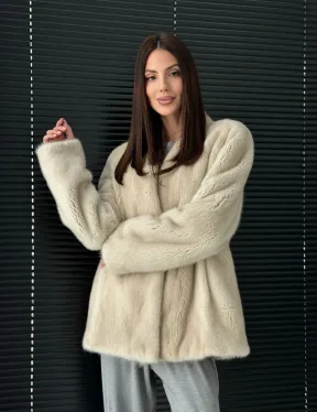 Светлый норковый жакет V-образный воротник - фото 14