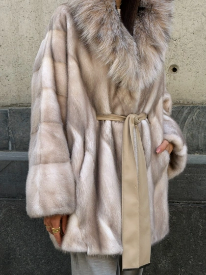 Норковая шуба oversize с капюшоном из рыси - фото 5