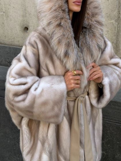 Норковая шуба oversize с капюшоном из рыси - фото 3